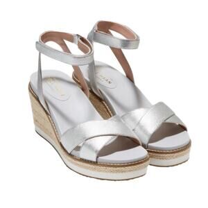 COLE HAAN Grand 360 Women's 10.5B Cloudfeel Espadrille Wedge Sandals Silver NEW